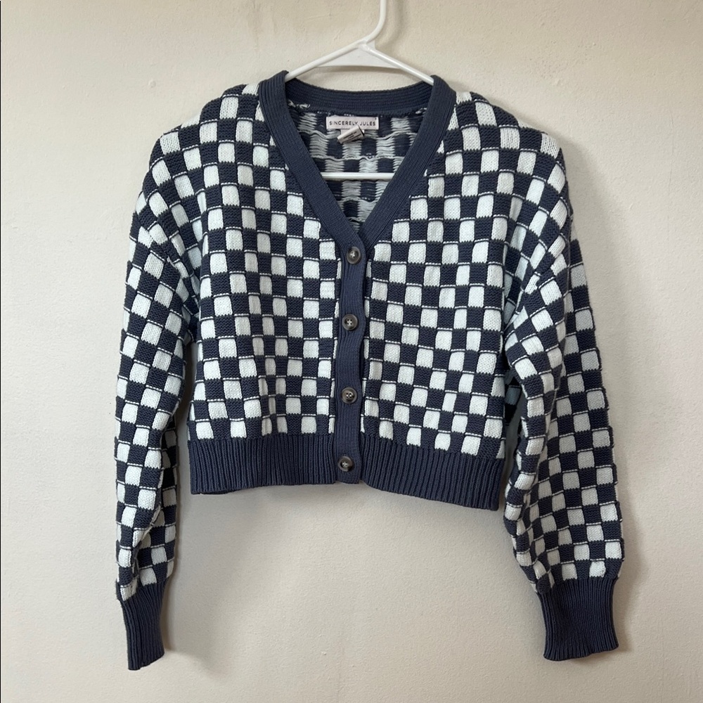 American Eagle Outfitters Navy and White Checkerboard Cropped Cardigan